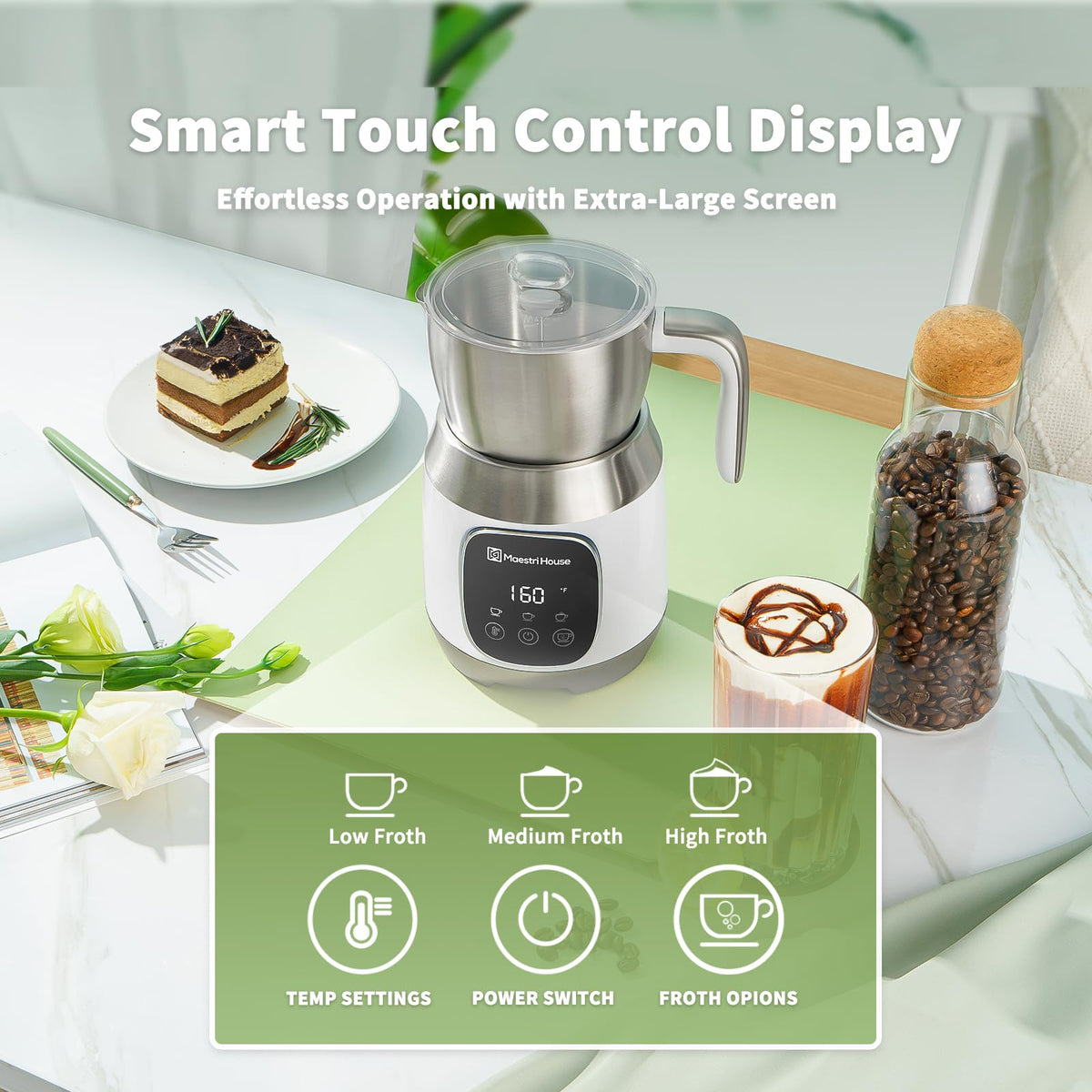 Maestri House Milk Frother, Variable Temp and Froth Thickness DualFro 600 Milk Frother Steamer, 21OZ Smart Touch Control Milk Warmer, Dishwasher Safe, Memory Function for Latte&Hot Chocolate (White)