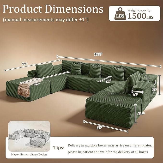 138" Cloud Sectional Couch, Comfort U Shaped Sofa