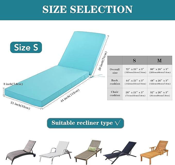 Outdoor Chaise Lounge Cushion Set of 2, Fadesafe Water-Repellent Lounge Deck