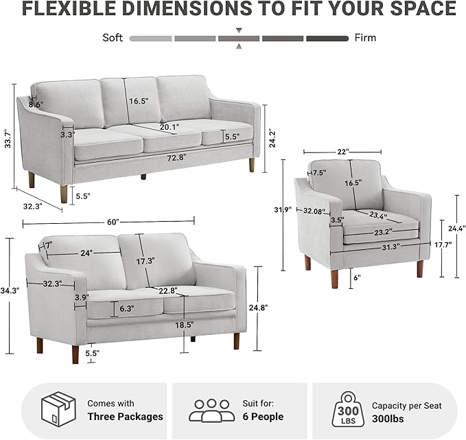 Kingfun Living Room Furniture Sets, 3 Seater Couch, Armchair and Loveseat