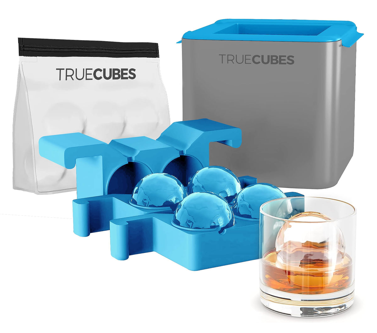 True Cubes Crystal Clear Ice Sphere Maker with Storage Bag – 4 Large Ice Spheres for Cocktails, Whiskey, and Drinks – Stackable Silicone Mold for Slow-Melting, Bartender-Quality Ice