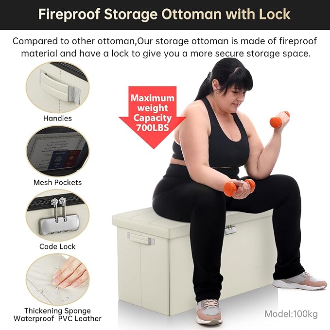 ENGPOW Storage Ottoman Bench, Fireproof Folding Bench