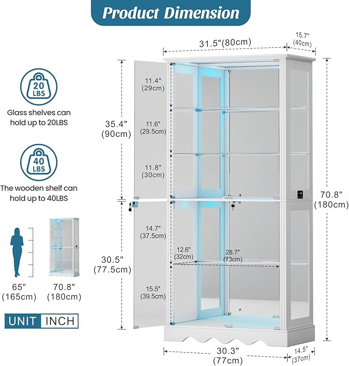 Dystler Display Cabinet with Glass Doors, LED Display Case with Removable Shelf