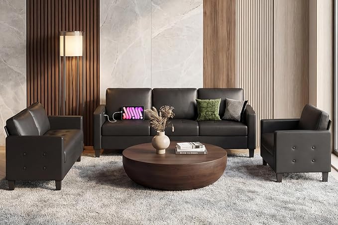 STHOUYN Black Faux Leather 3 Seater Sofa, Loveseat and Accent Chair, Modern
