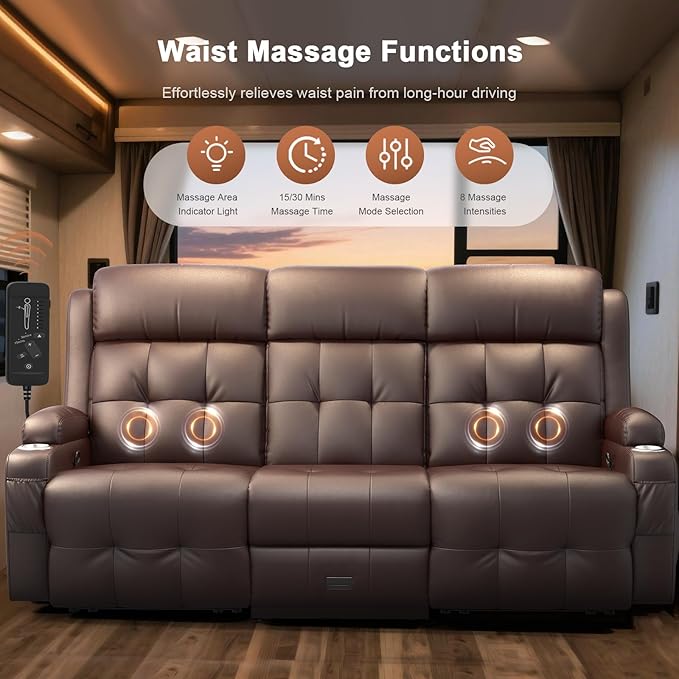 RV Loveseat Recliner Sofa, Built-in Power Strip, Massage Wall Hugger 3-Seater