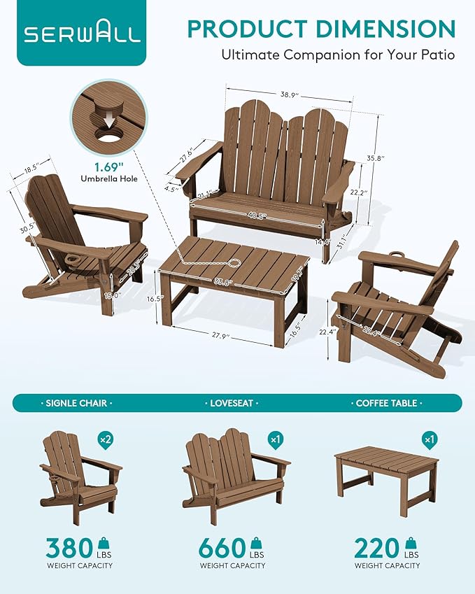 SERWALL 5 Pieces HDPE Patio Adirondack Chair Set, 2 Adirondack Chair