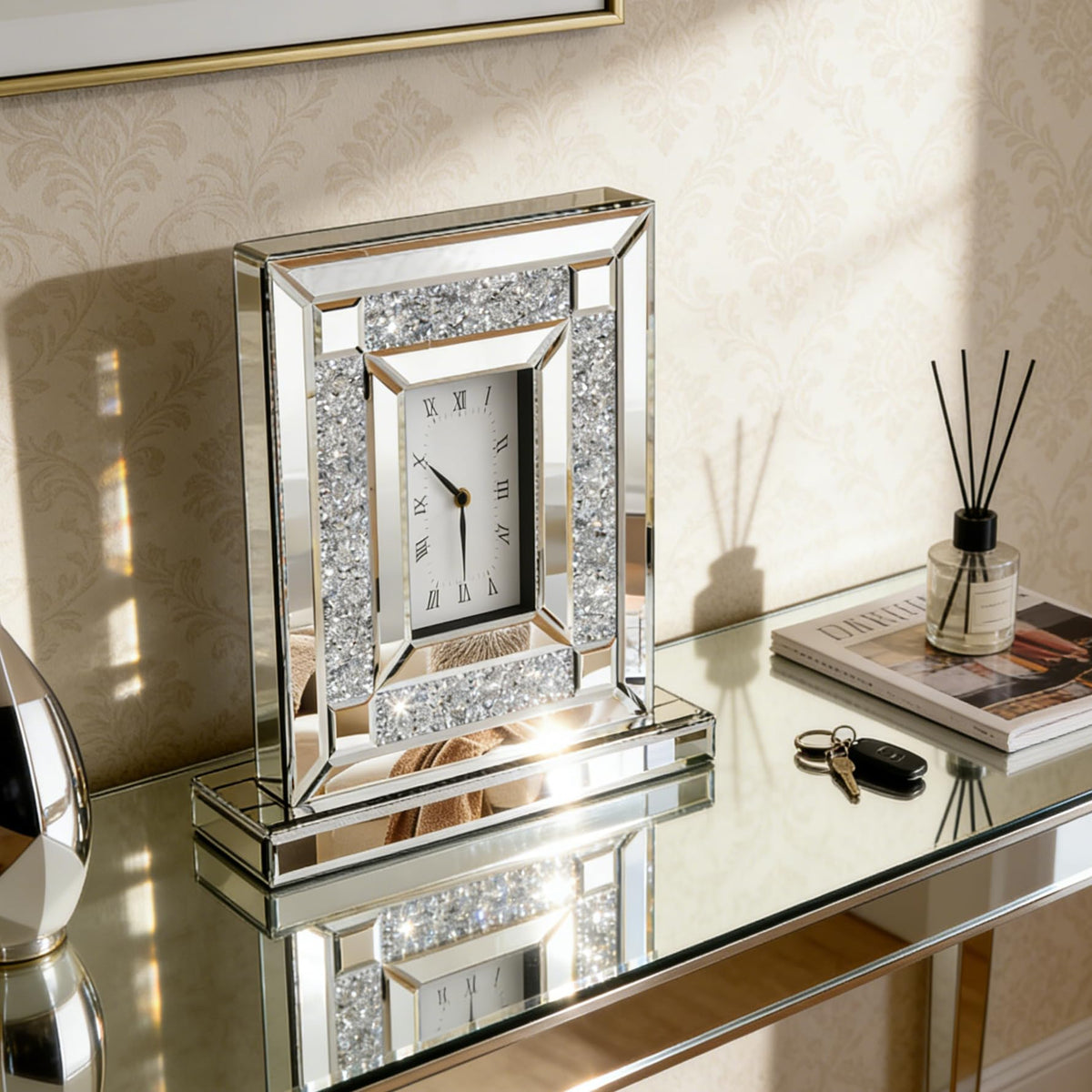 SHYFOY Mirrored Desk Clock with Crushed Diamond Inlay, 13" Decorative Table Clock, Silver Beveled Glass Mantel Clock, Non-Ticking Roman Numeral Tabletop Clock for Living Room Office Shelf Decor