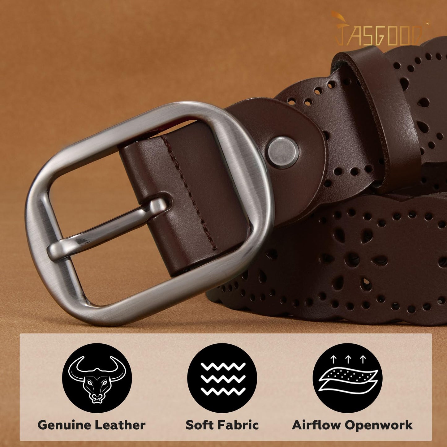 JASGOOD Women’s Hollow Flower Genuine Cowhide Leather Belt With Alloy Buckle needs dark brown and a size Waist Size 26-30 Inch