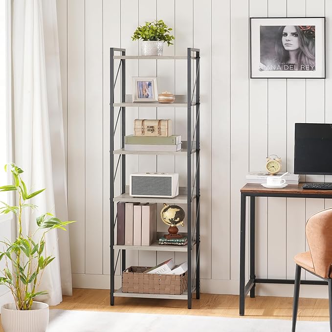 HOOBRO Bookshelf, 6-Tier Industrial Bookcase, Book Shelf Storage Organizer