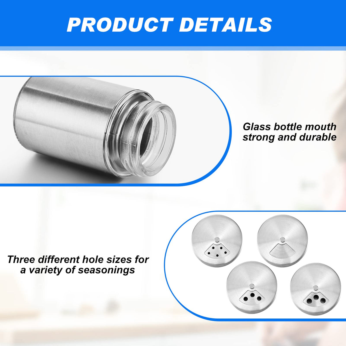 Dandat 24 Pcs Salt and Pepper Shakers Stainless Steel Spice Shakers with Adjustable Pour Holes and Glass Window 3.4oz Salt Dispenser Spice Jars with Rotating Lids for Sugar Seasoning Home