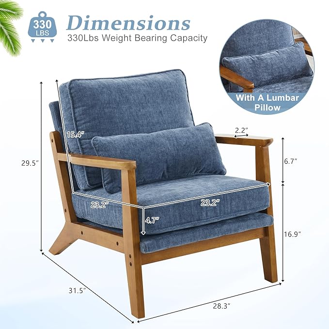 VINGLI Solid Wood Wide Armrests Accent Chair Set of 2, Upholstered Mid Century