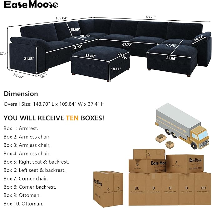 EASE MOOSE Modular Sofa, Oversized U Shape Sectional Modular Sofa, Wide Deep