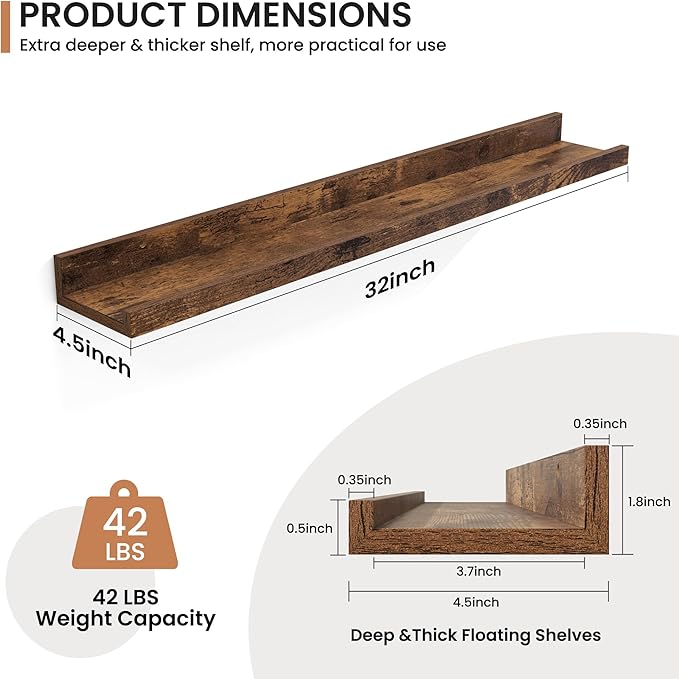 Fun Memories Picture Ledge Shelves Set of 2, 32 Inch Rustic Wall Mounted
