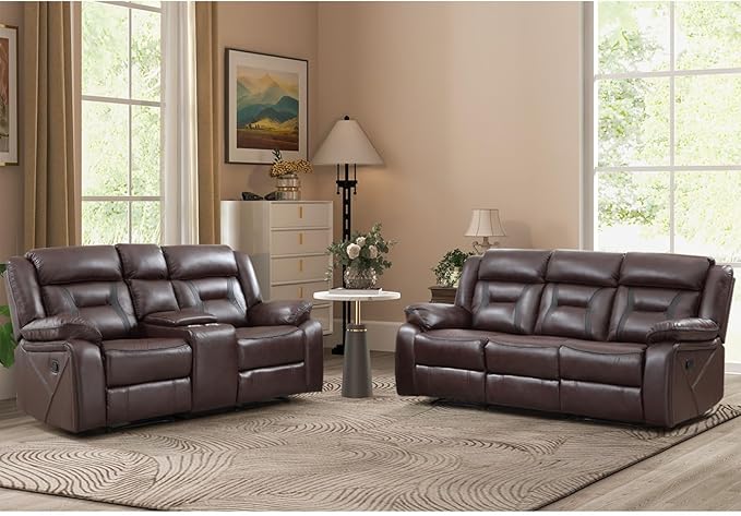 EBELLO Manual Recliner Sofa Set, Faux Leather Reclining Living Room Furniture