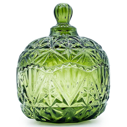 EWEIGEER Colorful Crystal Glass Candy Snack Barrel Storage Jar Embossed Luxury Cookie Buffet Canister With Lids Jewelry Box Jar Biscuit Containers(Olive Green Color)