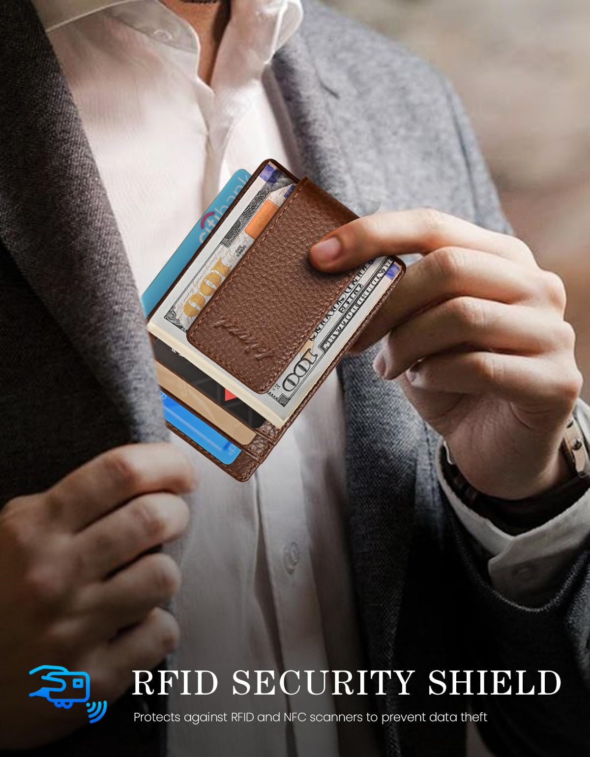 kinzd Money Clip, Front Pocket Wallet, Genuine Leather RFID Blocking Strong Magnet Minimalist Thin Wallet For Mens Brown Clip Wallet Credit Card Holder