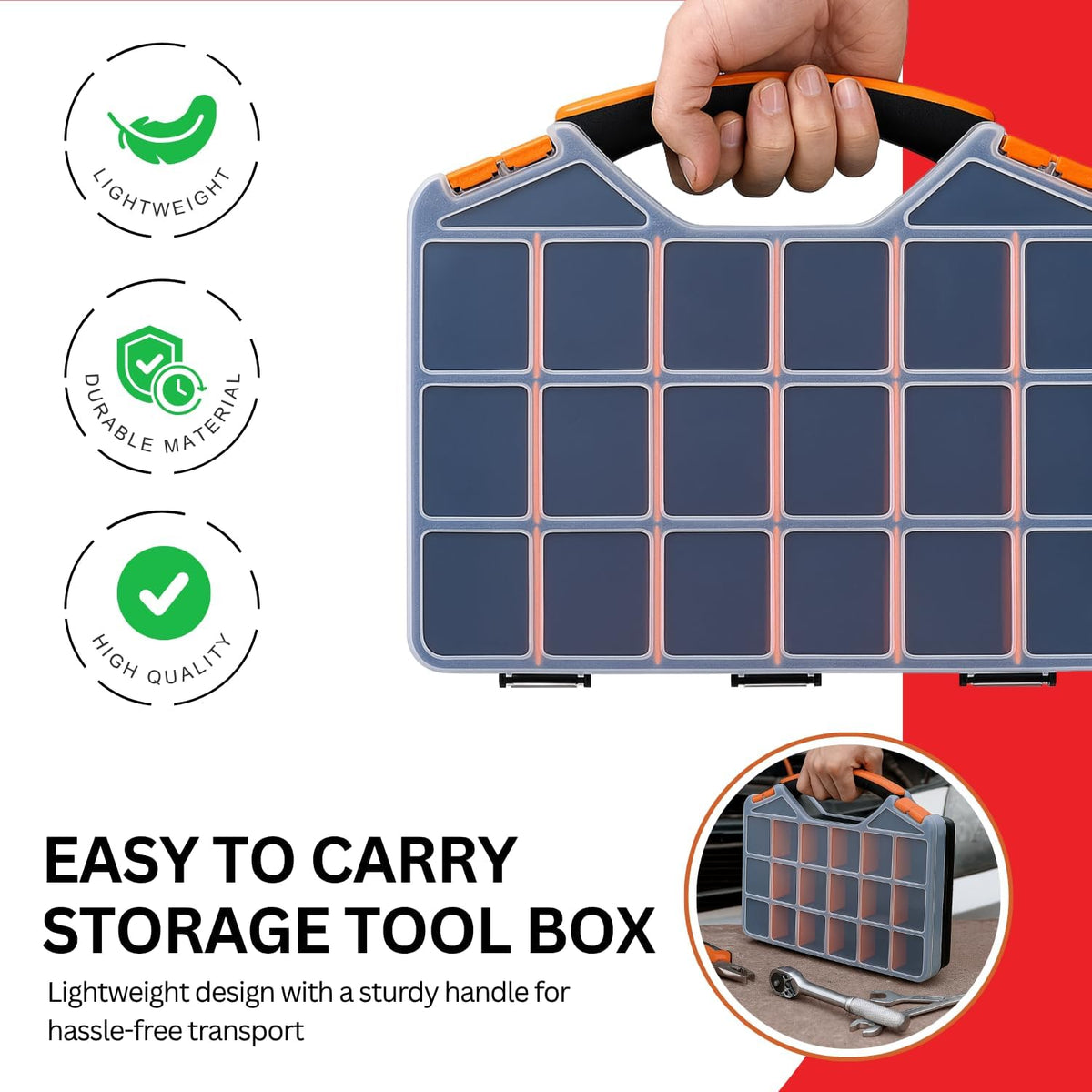 Andalus Tools Organizer Box, Small Parts Storage 18-Compartment Portable Hardware Organizer Removable Plastic Dividers for Screws, Nuts, Bolts, Nails – Orange (2 Pack, 12.75" x 10" x 1.75")