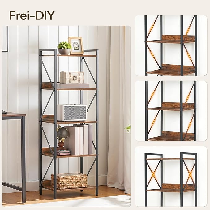 HOOBRO Bookshelf, 5-Tier Industrial Bookcase, Book Shelf Storage Organizer