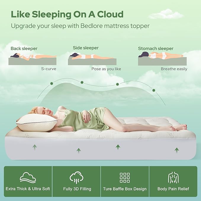 BEDLORE Twin XL Mattress Topper Viscose Derived from Bamboo, Thick Pillow Top