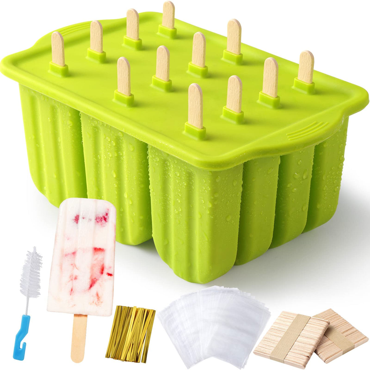 Popsicle Molds Silicone BPA-free,12 Pieces Popsicle Trays for Freezer,Homemade Ice Cream Popsicle Molds,Large Ice Pop Maker Set,Moldes Para Paletas,Ice Lolly Moulds with 100PCS Popsicle Sticks(Green)