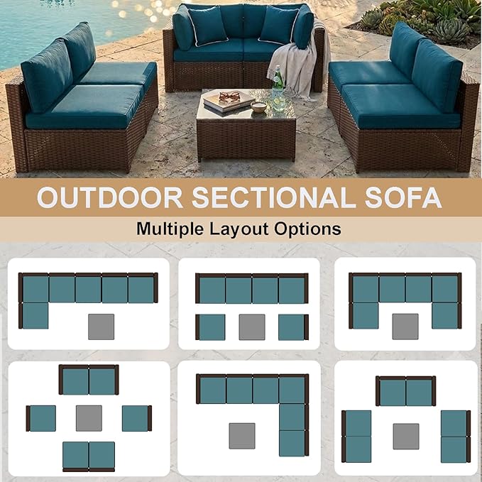 KIGOTY Patio Furniture Set, 7 Pieces Modular Outdoor Sectional Sofa, PE Rattan
