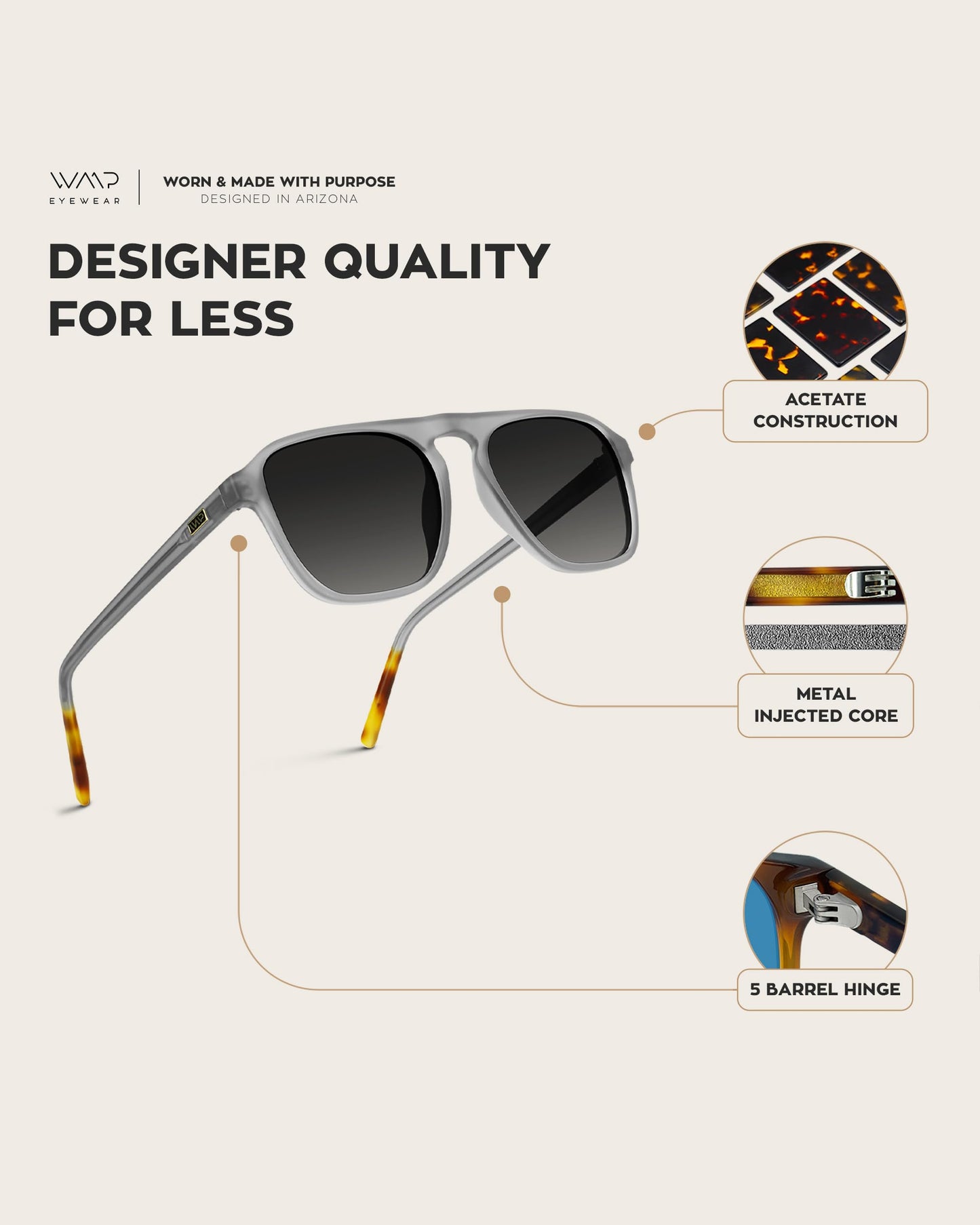WearMe Pro Polarized Aviator One-Bridge Modern Square Mens Sunglasses (Moon Rock Grey/Black Lens)