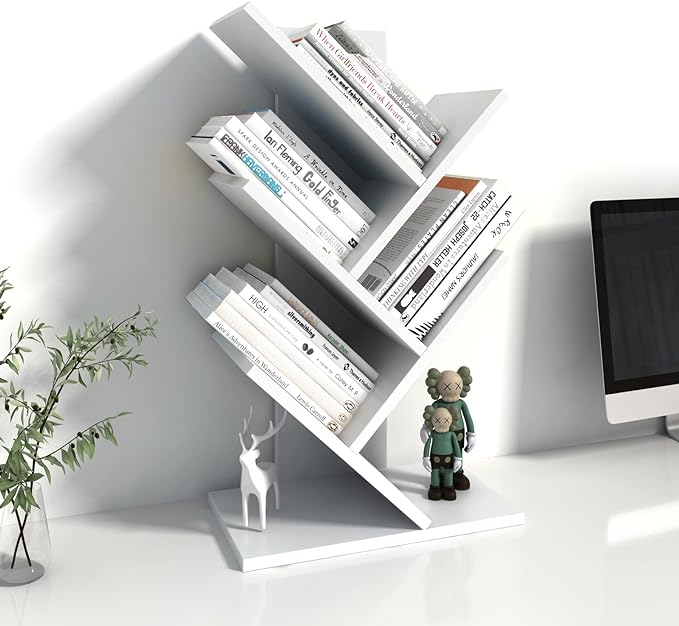 Godferyxin Small Bookcase for Desk Decor, 5-Tier White Wood Small Bookshelf –