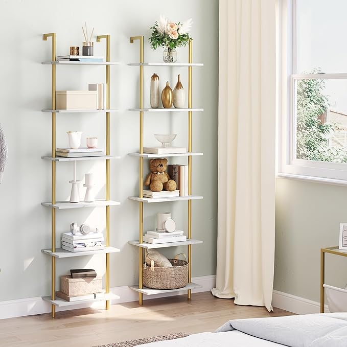 HOOBRO DIY Ladder Shelf, 6-Tier Wooden Wall Mounted Bookshelf, Narrow Gold