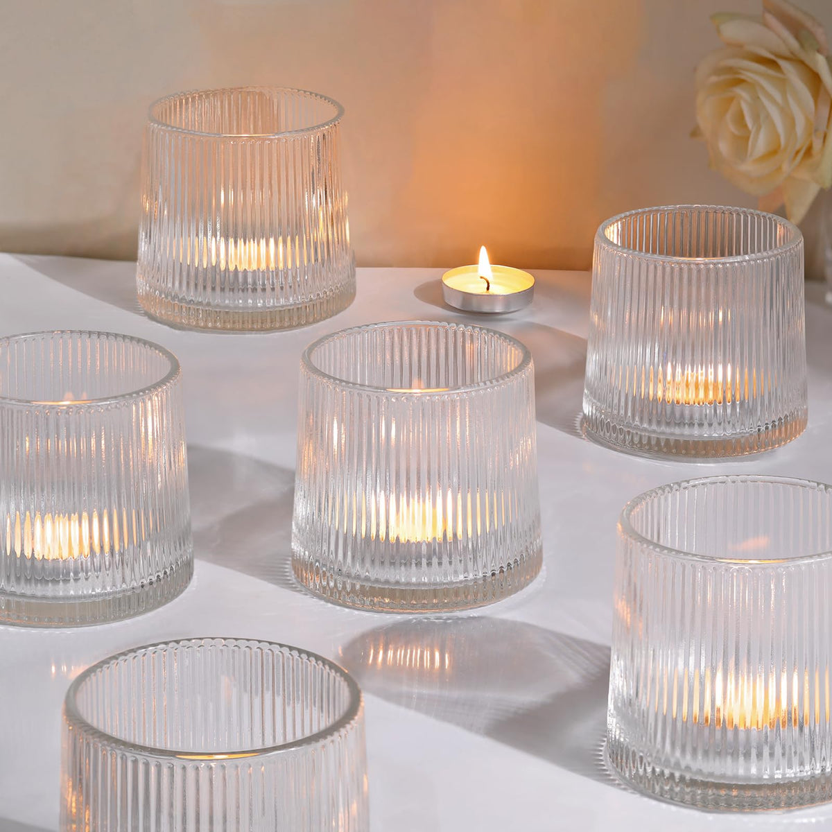 DARJEN Clear Ribbed Tealight Votive Candle Holders- 6Pack Glass Candle Holders for Table Centerpiece, Home Decor, Wedding Decor, Party Dinner