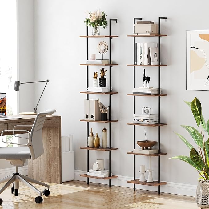 HOOBRO DIY Ladder Shelf, 6-Tier Wooden Wall Mounted Bookshelf, Narrow Bookcase