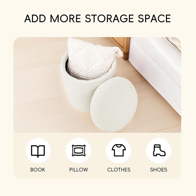 PINPLUS Ottoman with Stroage Round Boucle Ottoman and Tray Sherpa Removable