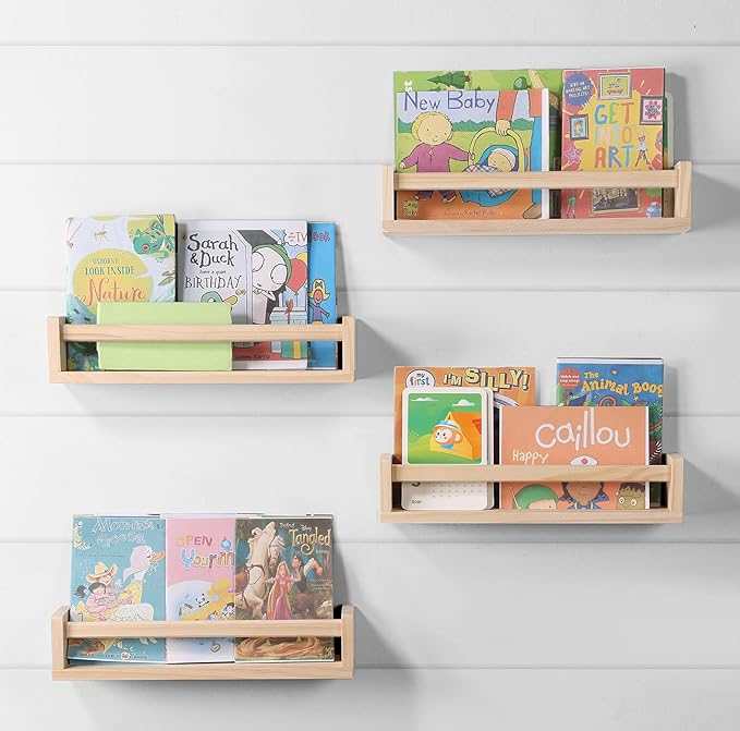 Nursery Room Shelves Set of 4, Wood Floating Book Shelves