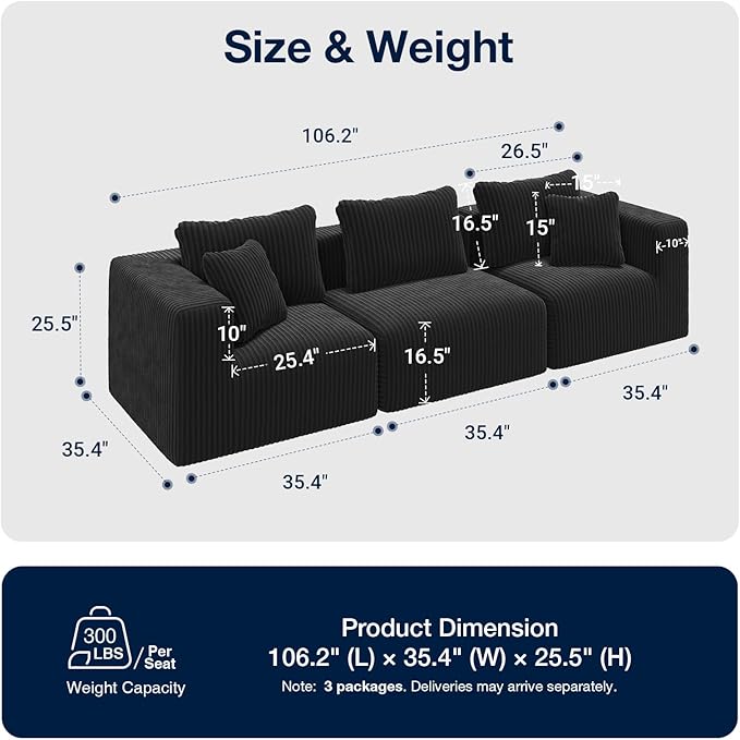 Avenco 106” 3-Seater Modular Sofa Couch, Individually Wrapped Coil Support &