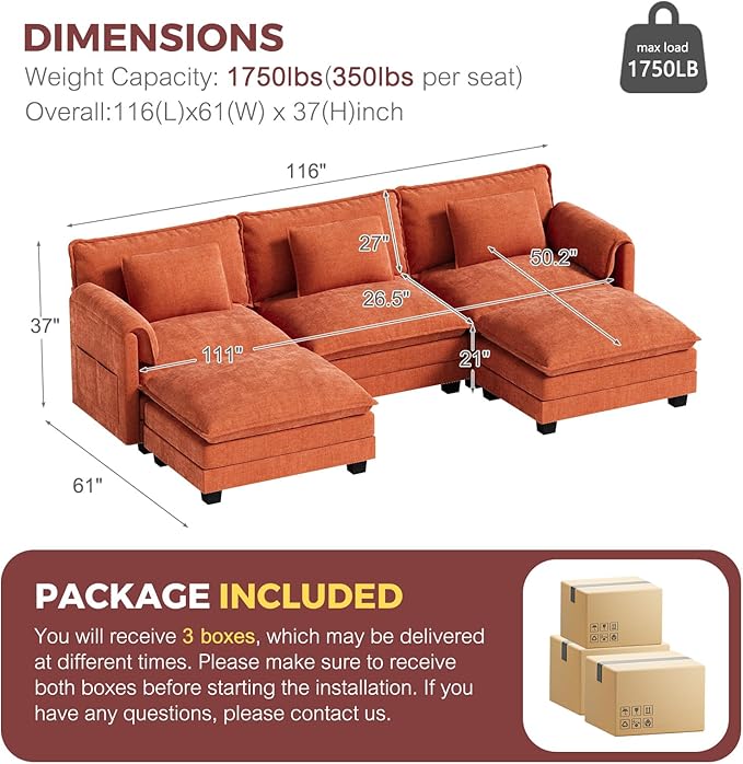 ELUCHANG Oversized 116" Modular Sectional Sofa, Comfy Cloud Couch, U Shaped