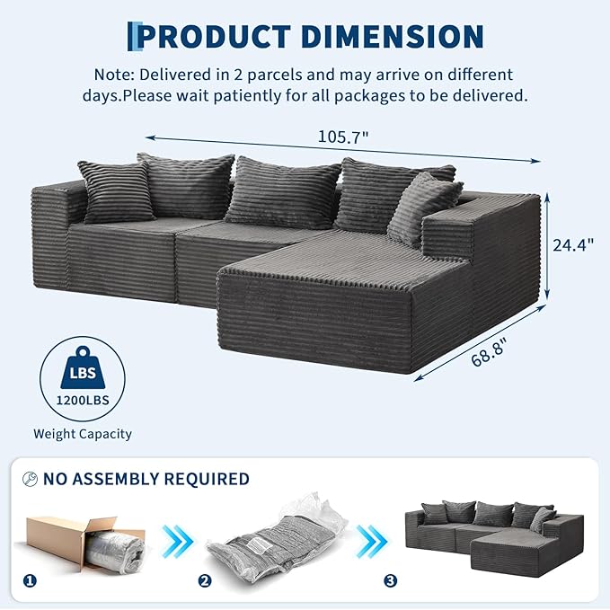 Hetoy Oversized L Shape Modular Sofa, Soft Modular Sectional Couch