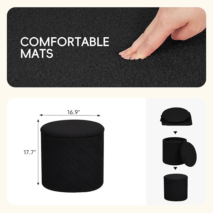 PINPLUS Ottoman with Stroage Round Boucle Ottoman and Tray Sherpa Removable