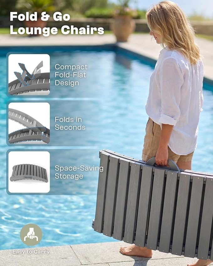 Folding HDPE Pool Lounge Chairs Set of 4, Pre-Assembled Outdoor Chaise Lounge