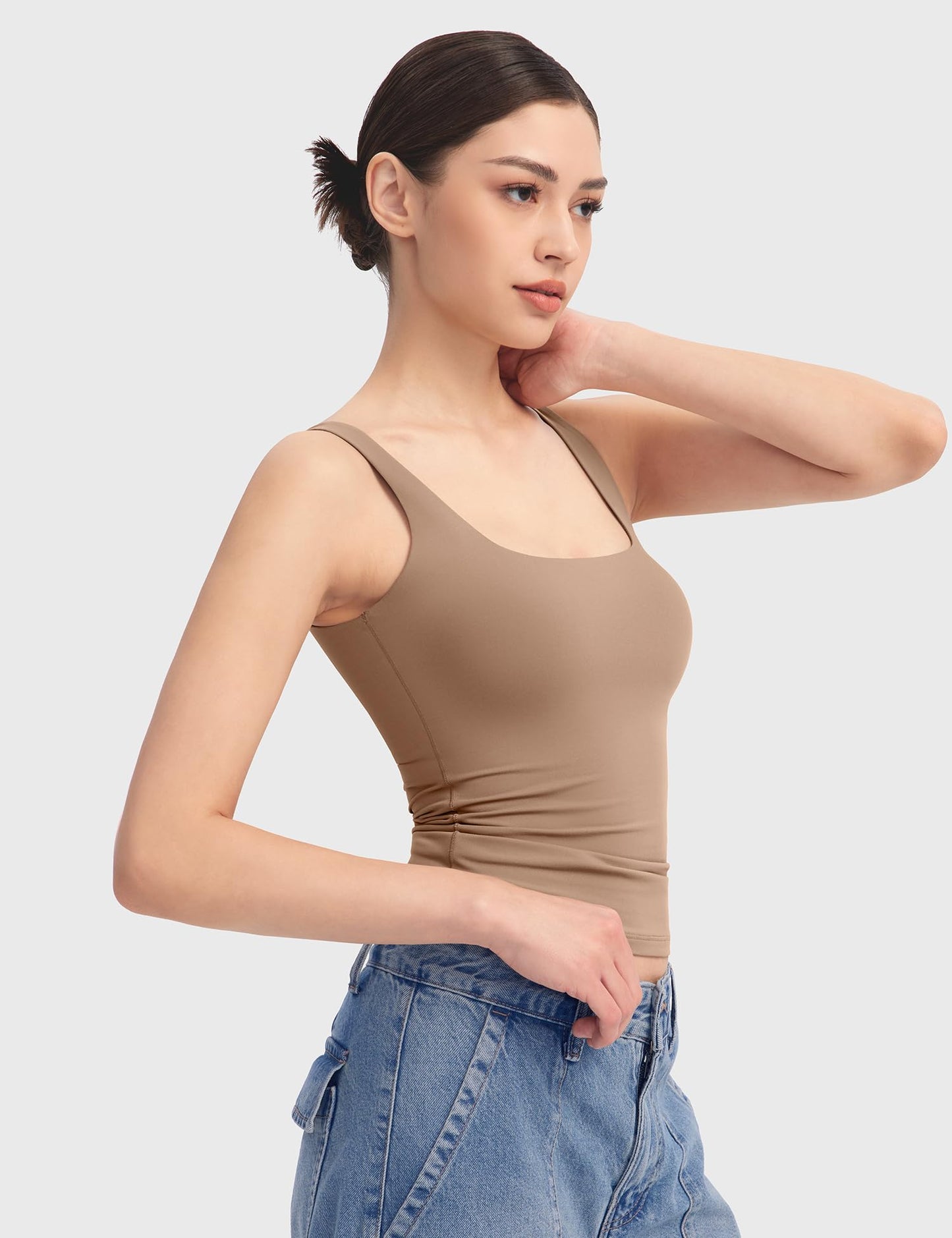 PUMIEY Tank Top for Women Square Neck Sleeveless Double Lined Summer Tops, Taffy Medium