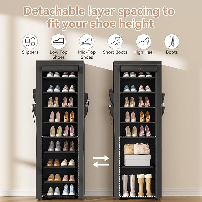 LANTEFUL Narrow Shoe Rack with Cover 10 Tier Tall Shoe Rack Organizer Large