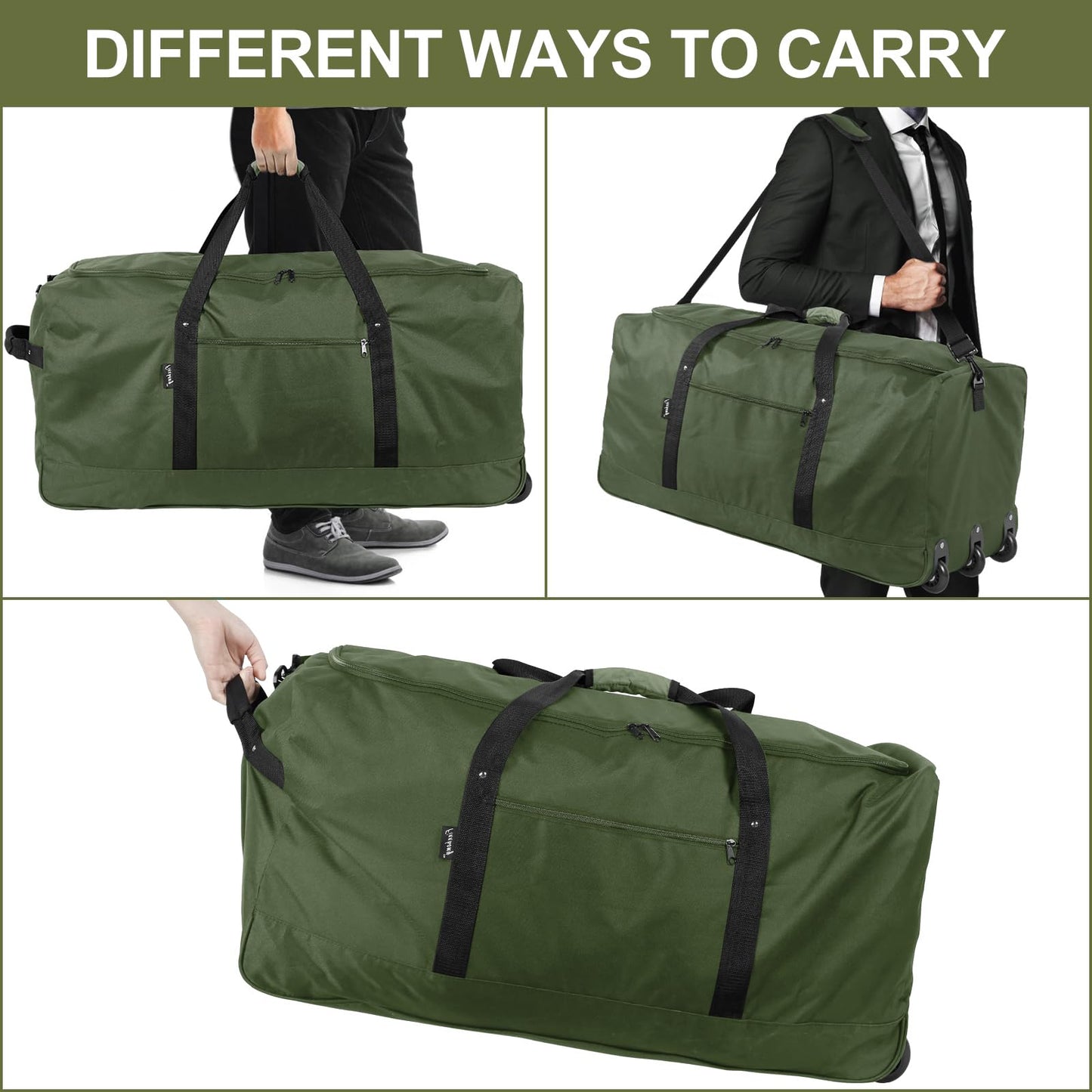 Finnhomy 120L Foldable Rolling Duffel Bag with 3 Wheels, Light Weight Travel Duffel bag with Large Loading Capacity, 32 inch Rolling Duffel bag with Shoulder Strap for Travel Camping Sports, Green