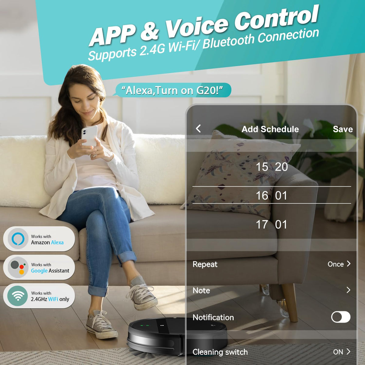 Robot Vacuum and Mop Combo for Pet Hair–2300Pa Robotic Vacuum Cleaner with WiFi/Alexa/App Control, 2H Runtime & Tangle-Free Tech, Auto Recharge, Ultra-Slim Quiet for Hard Floors/Low-Pile Carpets