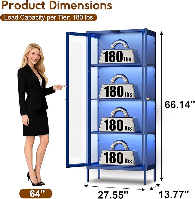 UNICOLY Display Cabinet with Glass Doors, Glass Display Cabinet with 8 Color