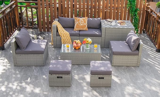 Tangkula 8 Piece Patio Wicker Furniture Set, Patiojoy Space Saving Outdoor PE