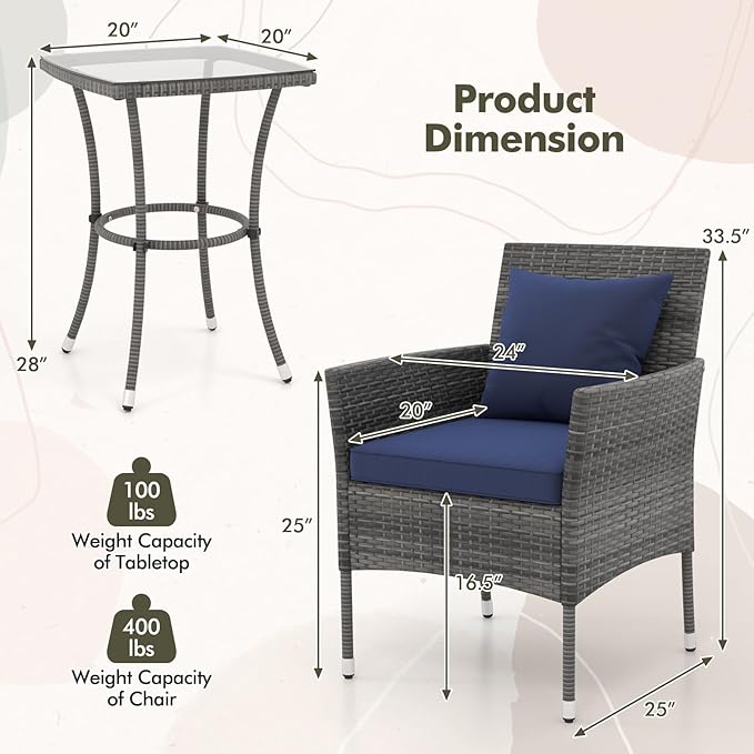 Tangkula 3-Piece Patio Furniture Set, PE Wicker Conversation Bistro Set w/A