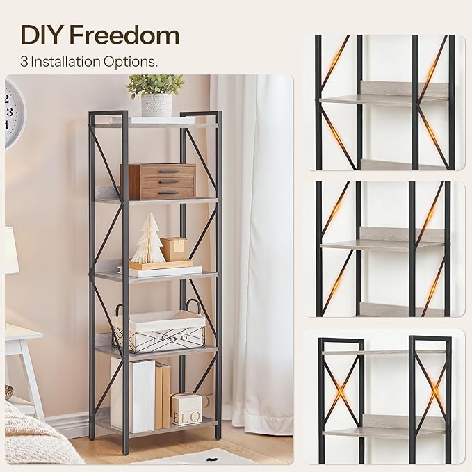 HOOBRO Bookshelf, 5-Tier Industrial Bookcase, Book Shelf Storage Organizer