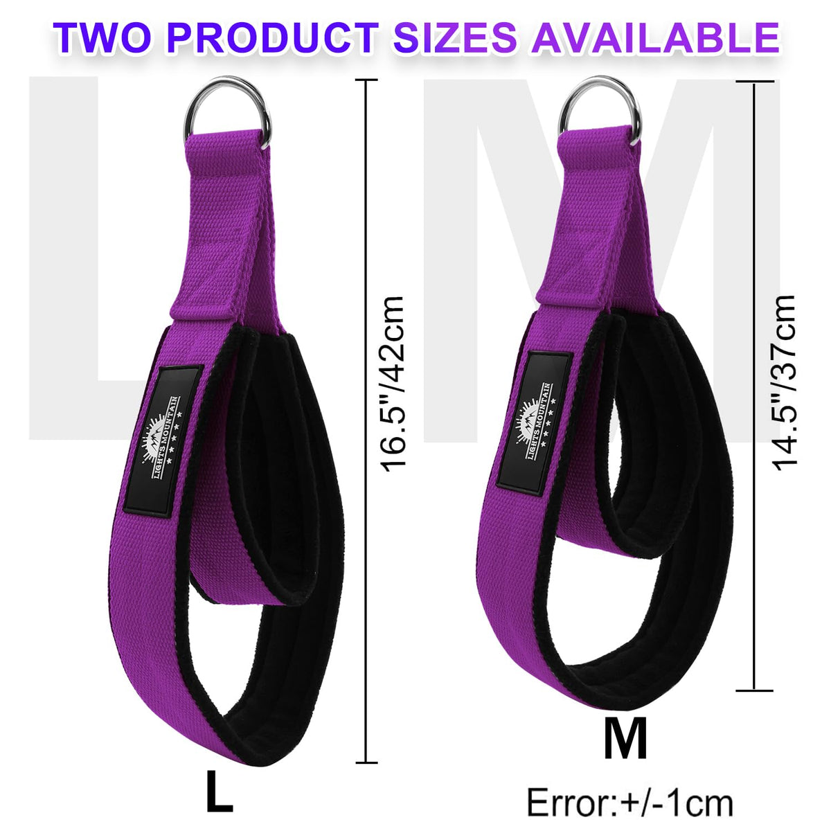 Lights Mountain Durable Pilates Double Loop D-Ring Straps - Padded Handles for Reformer, Yoga & Home Gym Workouts (Purple L)
