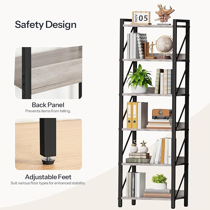 HOOBRO Bookshelf, 6-Tier Industrial Bookcase, Book Shelf Storage Organizer