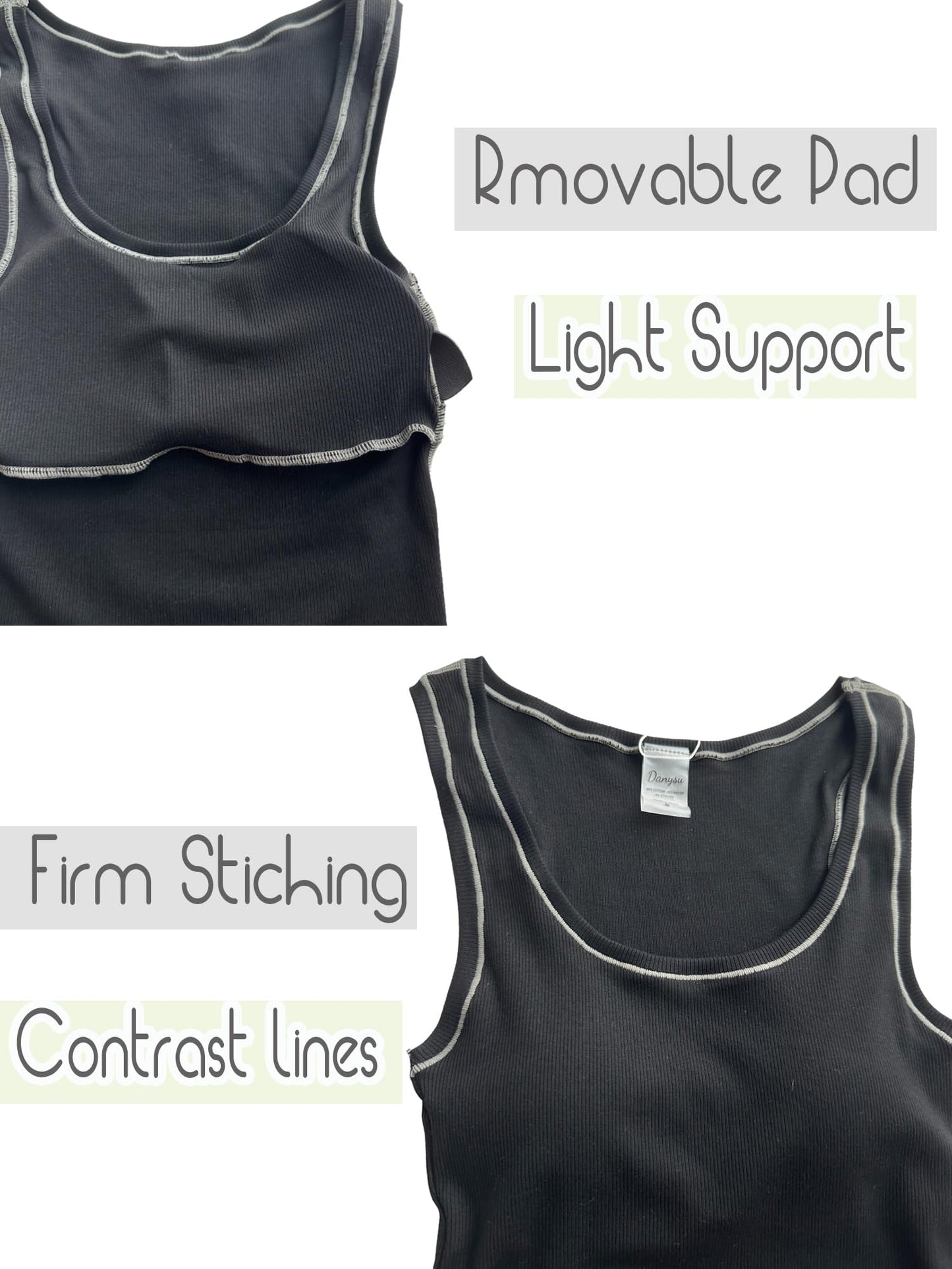 Danysu Women Cotton Rib Tank Top with Built in Bra Square Neck Crop Tank Fitted Basic Tops Black S