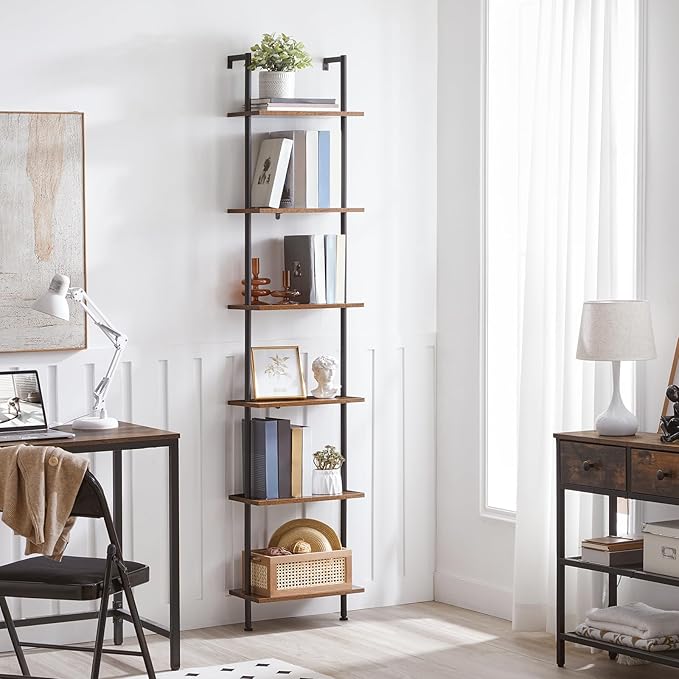 HOOBRO DIY Ladder Shelf, 6-Tier Wooden Wall Mounted Bookshelf, Narrow Bookcase