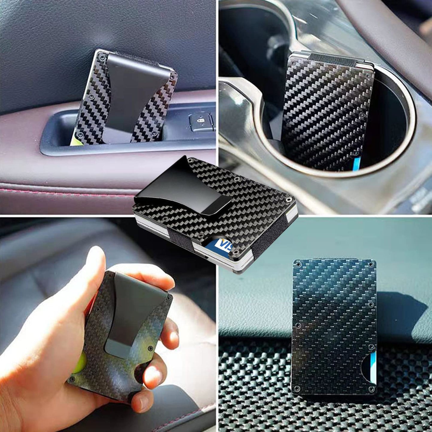 WAFJAMF Money Clip for Men RFID Blocking Wallet Slim Carbon Fiber Wallet Minimalist Front Pocket Metal Wallets for Men – Black